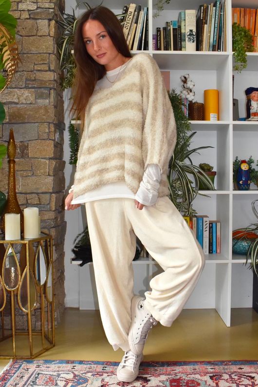 Stripe Boucle Slouch Knit Oatmeal & Ecru